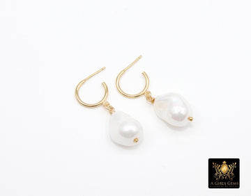 14 K Gold Filled Pearl Hoop Earrings, Gold Filled Hoop Earrings, Wire Wrap 15 mm Barquoe Pearl, June Birthstone